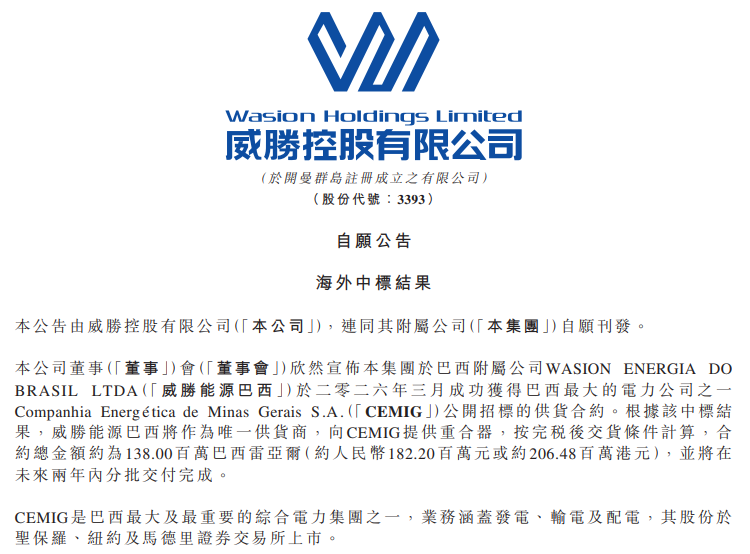 威勝控股獨家拿下巴西CEMIG超2億港元重合器供貨訂單