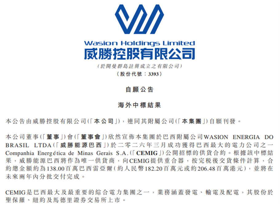 威勝控股獨家拿下巴西CEMIG超2億港元重合器供貨訂單